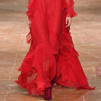 Jeseni Mode vzletno-pristajalne Steze Oblikovalci Obleko 2020 Ženske Eleganten Čipke Proti-vrat Dolg Rokav Ruffles Naguban Dolgo Šifon Obleko
