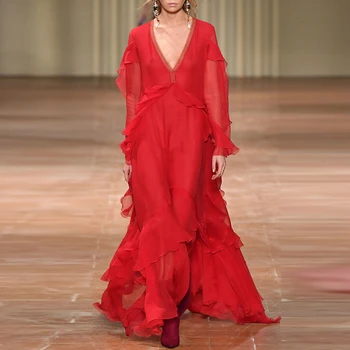 Jeseni Mode vzletno-pristajalne Steze Oblikovalci Obleko 2020 Ženske Eleganten Čipke Proti-vrat Dolg Rokav Ruffles Naguban Dolgo Šifon Obleko