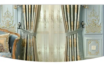Evropsko razkošje modre zavese za dnevno sobo high-end ženiljska žamet vezene zavese za spalnico, jedilnico zaslona