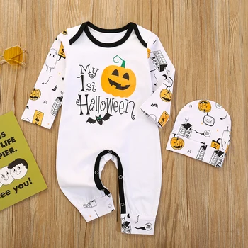 Nov Modni 0-24M Malčke Baby Boy Girl 2Pcs Halloween Oblačila Klobuk Dolg Rokav Bučna Natisnjeni Romper moda Obleko