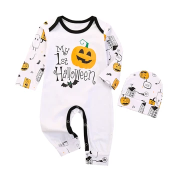 Nov Modni 0-24M Malčke Baby Boy Girl 2Pcs Halloween Oblačila Klobuk Dolg Rokav Bučna Natisnjeni Romper moda Obleko