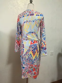 2016 Pomlad Luksuznih blagovnih Znamk Jersey Svileno Obleko za Ženske Elegantne Pisane Geometrijo Tiskanja Dolge Rokave Stretch Dan Obleko Podpis