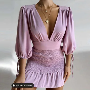 Pomlad Nove Ženske Elegantne Mini Obleka z Dolgimi Rokavi Proti-vrat Stranka Poročno Obleko Lady Moda Trdna Počitnice Ženska Oblačila 2020