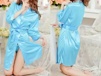 Ženske 2-kos Saten Pižamo Nov Modni Seksi Trdna kopalni plašč Tangice Hlačnic Kimono Set Za Žensko More Sleepwear Haljo Določa