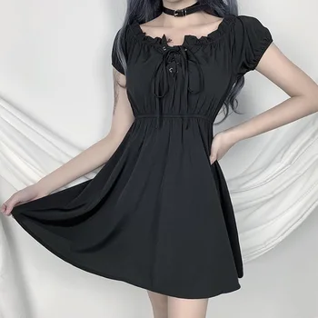 Črna Goth Ženske Nabrano Obleko 2020 Lady Gothic Čipke-up Bankrot Poševnica Vratu Visoko Pasu Temno Lolita Punk Mini Stranke Obleke Vestidos
