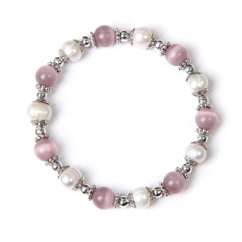 Debelo roza mačka oči quartz kamen white pearl kroglice diy zapestnica žensko ročno izdelan nakit za ženske Dekle, ženska elegantna pearl darila