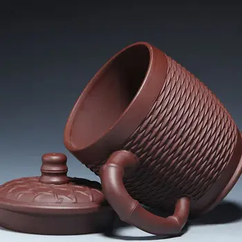 Ročno izrezljane Yixing vijolično pesek Teacups bambusa-tip modeliranje Zisha Pokal s pokrovom Urad stara Vijolično Gline Tea cup darila ne-keramični