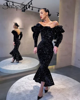 Dolgo Sexy Morska Deklica Večerne Obleke 2020 Off Ramo Dolg Rokav Bleščeča Črna Bleščica Dubaj Ženske Formalno Stranko Oblek