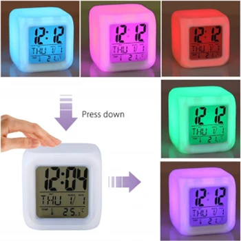 Digitalni Časovnik Budilka Z Datumom Termometer Namizje Tabela Kocka Budilka Night Žareče LED z 7 Barva Spreminja,