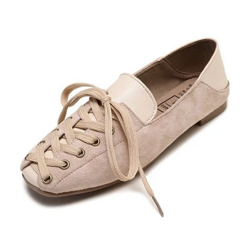 JIANBUDAN Kvadratni Toe Ravno loafers Žensk udobje Mehko ravno priložnostne čevlji Čipke-Up plitvo balet čevlji Usnjeni čevlji dihanje