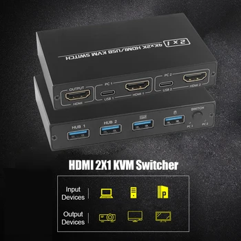 2 Vrata HDMI KVM Stikalo za Podporo UHD 4K Urad, ki Skrbi Računalniške Potrebščine za Delitev Monitor, Tipkovnico, Miško, Tiskalnik