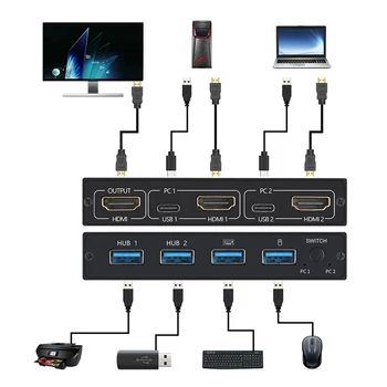 2 Vrata HDMI KVM Stikalo za Podporo UHD 4K Urad, ki Skrbi Računalniške Potrebščine za Delitev Monitor, Tipkovnico, Miško, Tiskalnik