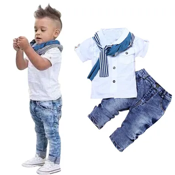 2020 Baby Boy Oblačila, Casual T-Shirt+Šal+Kavbojke 3pc Otroška Oblačila Sklop Poletnih mesecih Otroka, Otroški Kostum Za Fante Malčka Fantje Oblačila
