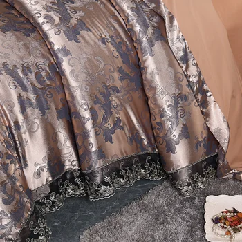 4 Kosov Srebrna, Rjava Luksuzni Bombaž Saten Čipke Posteljnina določa Dvojno Kraljica Kralj velikost posteljnina rjuhe kritje posteljo stanja nastavite Pillowcases