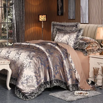 4 Kosov Srebrna, Rjava Luksuzni Bombaž Saten Čipke Posteljnina določa Dvojno Kraljica Kralj velikost posteljnina rjuhe kritje posteljo stanja nastavite Pillowcases
