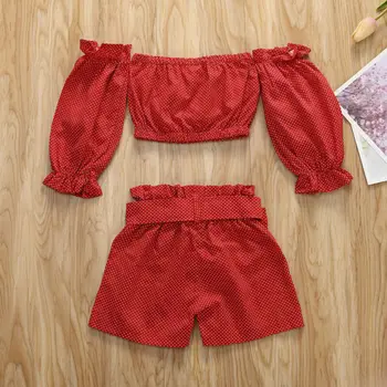 1-5Y Malčke Baby Dekle, Fant, Poletne Obleke, Kompleti Rdeča Polka Dot Tiskanja Dolg Rokav Off Ramenski Vrhovi Hlače 2pcs