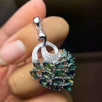 Naravni modri safir biser Obesek naravni gemstone obesek S925 srebro Elegantno srčkan Phoenix pav Ženske dekle stranka nakit