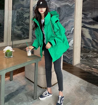 HanLadies zelena windbreaker hooded suknjič prevelik prešita bombažna jakna in oblačil jakna