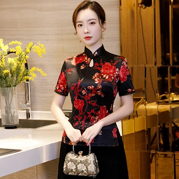 Črno Poletje Ženska Majica Vrhovi Tradicionalni Kitajski Slog Čipke Bluzo Lady Mandarin Ovratnik Qipao Mujer Camisa Velikost S M L XL XXL