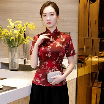 Črno Poletje Ženska Majica Vrhovi Tradicionalni Kitajski Slog Čipke Bluzo Lady Mandarin Ovratnik Qipao Mujer Camisa Velikost S M L XL XXL