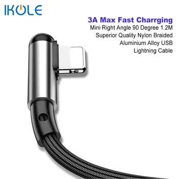 IKOLE pravim Kotom 90 Stopnjo Igre 3A Max USB Kabel za iPhone 12 11 Max Pro Xs 7 8 Hitro Polnjenje Strele Najlon Aluminijeve Zlitine