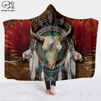 Črna Materni Indijski Lakota Lobanje buffalo vojak Hooded Odejo 3D full tiskanja Nosljivi Odejo Odrasli Otroci slog-2