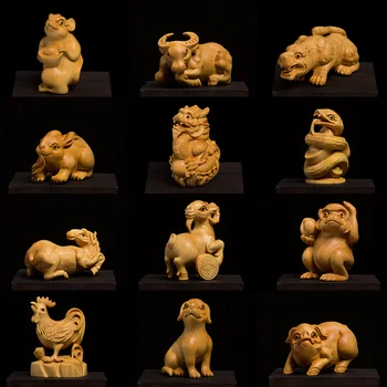 Kitajski Zodiak 12 Leta Šimšir Lesa Carvinga Živali Feng Shui Obrti Miniaturni Lesa Živali Domov Okraski