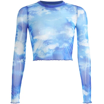 Modro Nebo Tiskanja v Oblaku Očesa Tshirt Ženske Obreži Zgoraj Pregleden Priložnostne Poletja t-shirt 2020 Seksi Tee Shirt Femme Camiseta