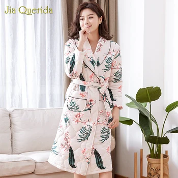 Nove Obleke Ženska, Kopalni Plašč Bela Cvjetnim Tiskanje Perilo Haljo Plus Velikost Housecoat Ženska Halja 3 Oblazinjena Plast Bombaža Pozimi Kimono