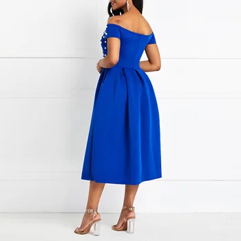 Seksi Off Ramenski Modra Eleganten Večer Stranka Obleko Ženske Beading Plus Velikost 4XL Klub Midi Vestido Ženski Afriške Modo Jeseni