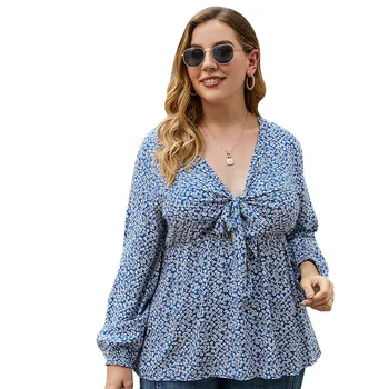 Jeseni leta 2020 Ženske Oblačila 4XL Plus Velikost Slim Dolgo Rokavi Top Moda Lok Cvetlični Bluzo Luč Rokav Priložnostne Ženske Puloverju Nova