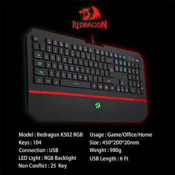 Ultra-tanek za Redragon K502 RGB Gaming Tipkovnica RGB LED Osvetljen Osvetljen 104 Tipka za utišanje Tipkovnico z Zapestje Ostalo za PC Igre