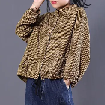 F&je Novo Pomlad Ženske Majice Plus Velikost Svoboden Priložnostne Long Sleeve Vintage Dame Vrhovi Dvojni Žep Bombaž Perilo Kariran Bluze D2