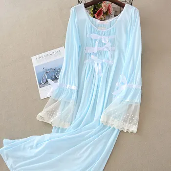 Poletje Novo Čipke Nightgown Long Sleeve Solid Modal Plus Velikost Ženske More Krog Vratu Spanja Obleko Noč Obleke Seksi Sleepwear