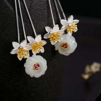 Novo srebro vdelan naravnih Hetian bela Chalcedony plum blossom Uhani Kitajski retro slogu čar ženske je luksuzni nakit