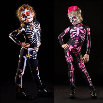Halloween Cosplay Kostum Otroci grozo Romper Ženske Okostje Jumpsuit Fancy Tiskanja Strašno Duha Obleka, Dan Mrtvih Karneval