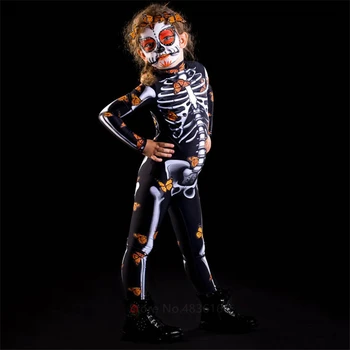 Halloween Cosplay Kostum Otroci grozo Romper Ženske Okostje Jumpsuit Fancy Tiskanja Strašno Duha Obleka, Dan Mrtvih Karneval