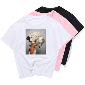 Bombaž majica s kratkimi rokavi ženske Harajuku Estetike Tshirt Tiskanja Cvetovi Kratek Rokav Tee Shirt Femme Vrhovi Moda Tumblr T-shirt