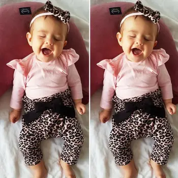 Čudovit Newborn Baby Dekleta Obleke Dolg Rokav Vrhovi+Leopard Hlače Glavo Obleke iz novih