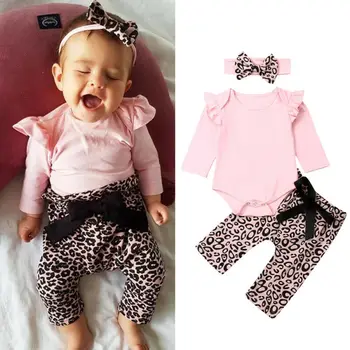 Čudovit Newborn Baby Dekleta Obleke Dolg Rokav Vrhovi+Leopard Hlače Glavo Obleke iz novih