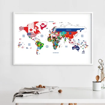 Zemljevid Sveta Plakat Spojen z Državami, Zastav, Platno Umetniške grafike Ustvarjalne Zemljevid Slikarstvo Stensko Sliko Dnevni Sobi Doma Dekor