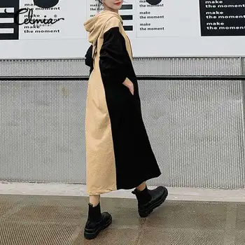 Korejski Ženske Zimske Hoodies Obleko Celmia Jeseni Dolg Rokav Kontrast Barvna Majica Obleke, Casual Svoboden Mozaik Midi Robe