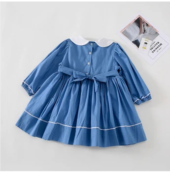 Jeseni Otroci Obleke za Dekleta Baby Doll Letnik Modro Obleko za 1 2 3 Let vestidos smocking Dolgo Princesa Lok vestido Obleko