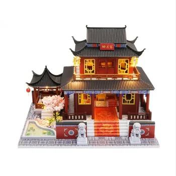 Veliki Kitajski slog DIY Lutka Hiša Lesena lutka Hiše Miniaturni lutke Pohištvo Komplet Ročno izdelane Igrače darilo za rojstni dan za otroke