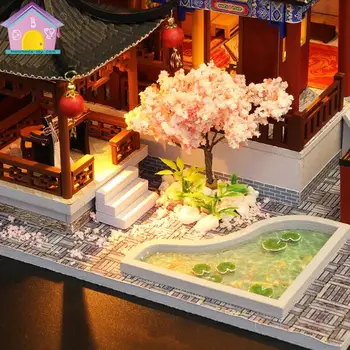 Veliki Kitajski slog DIY Lutka Hiša Lesena lutka Hiše Miniaturni lutke Pohištvo Komplet Ročno izdelane Igrače darilo za rojstni dan za otroke