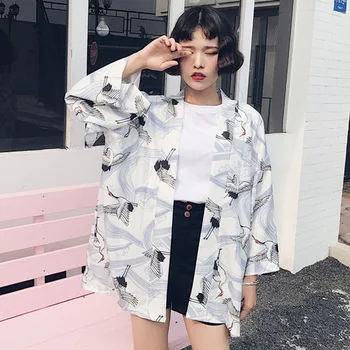 Harajuku Risanka Tiskanja Kimono Poletje Ženske Jopico Vzročno Žensko Bluzo Majica Ohlapna Vrhnja Oblačila