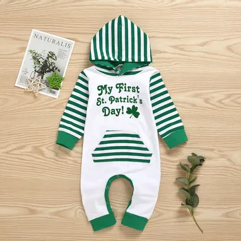 Za Novorojenčke Otroška Oblačila Jumpsuit Romper Malčke Baby Boy Dekle z Dolgimi Rokavi St. Patrick ' s Day Prugasta Hooded Romper Jumpsuit