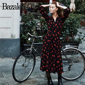 Bazaleas 2020 Srce, ki Tiskanja zaviti spredaj midi Dress Vintage Black Ženske Obleke V Vratu Pol Rokav Split Moda vestido Priložnostne