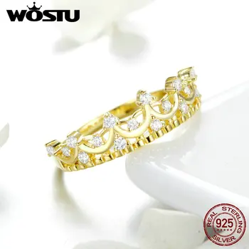 WOSTU Zlata Barva Kraljica Krono Obroč Pravi 925 Sterling Srebro Cirkon Prst Za Ženske svate Luksuzne blagovne Znamke Nakit DXR493