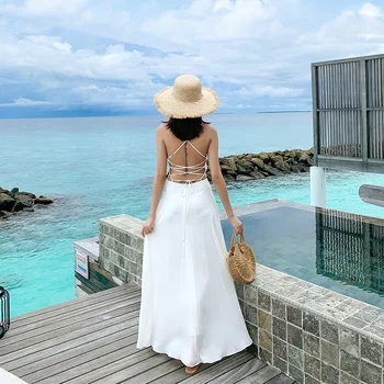 Poletje Ženske Dolga obleka Špageti Trak Maldivi Seksi Backless Velik Super Obmorskem Letovišču Obleke Bele 3290